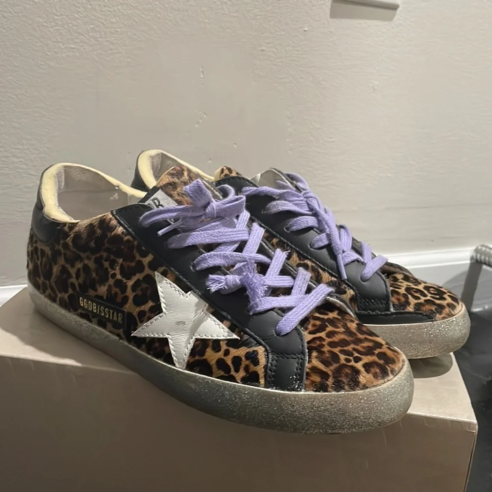 AUTHENTIC GOLDEN GOOSE Leopard-print Calf Hair Sneakers Size 39 - Picture 3 of 5